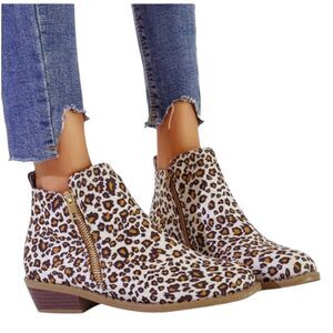 Women's Leopard Chunky Heels Ankle Boots Booties Round Toe Retro Party Shoe 7.5